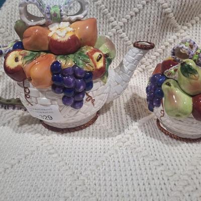 ceramic teapot and other container with lid- fruit and basket design