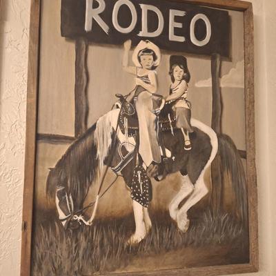 Wall art- Rodeo painting of two girls on a paint pony