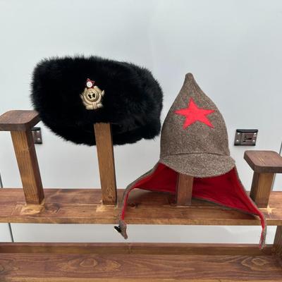 VINTAGE USHANKA SOVIET UNION FUR HAT AND VINTAGE SOVIET UNION RED ARMY BUDENOVKA HAT