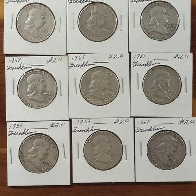 9 silver Franklin 1/2 dollars