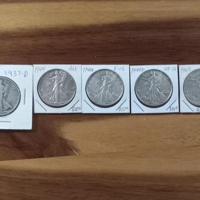 5 walking liberty half dollars