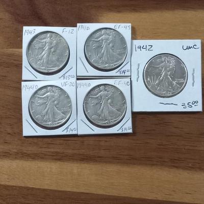 5 silver walking liberty half dollars
