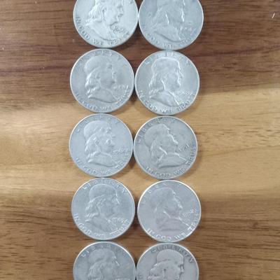 10 silver Franklin 1/2 dollars