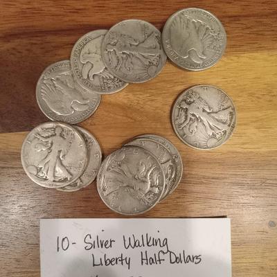 10 90% silver walking liberty 1/2s