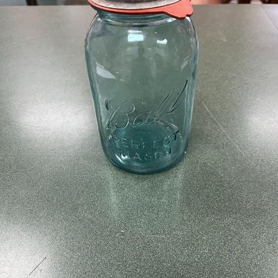Sale Photo Thumbnail #1038: Vintage Blue Ball Round Qt Mason Jar #4 with zinc Lid
