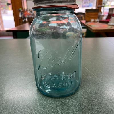 Sale Photo Thumbnail #1037: Vintage Blue Ball Round Qt Mason Jar #4 with zinc Lid