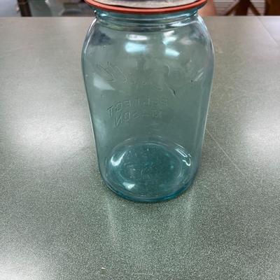 Sale Photo Thumbnail #1035: Vintage Blue Ball Round Qt Mason Jar #4 with zinc Lid