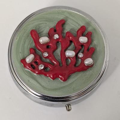 Spring Street Pill Box Compact Coral Branch Pearls Rhinestones Green Enamel Silver Tone