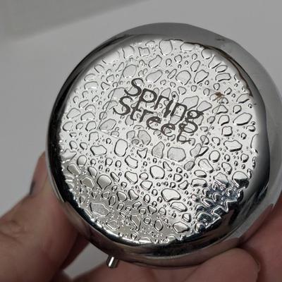 Spring Street Pill Box Compact Coral Branch Pearls Rhinestones Green Enamel Silver Tone