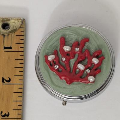 Spring Street Pill Box Compact Coral Branch Pearls Rhinestones Green Enamel Silver Tone