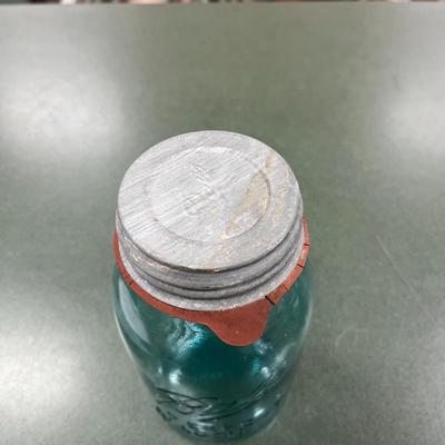 Sale Photo Thumbnail #1045: Vintage Blue Ball Round Qt Mason Jar #6 with zinc Lid
