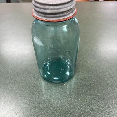 Sale Photo Thumbnail #1044: Vintage Blue Ball Round Qt Mason Jar #6 with zinc Lid