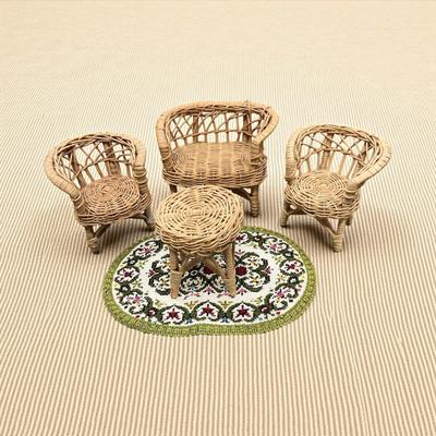 Sale Photo Thumbnail #1066: Vintage Dollhouse Miniature Wicker Patio Furniture Set and Rug.  Includes rug, table, 2 side chairs and settee.