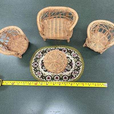 Sale Photo Thumbnail #1067: Vintage Dollhouse Miniature Wicker Patio Furniture Set and Rug.  Includes rug, table, 2 side chairs and settee.
