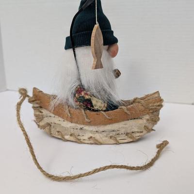 The Gnommery Christmas Gnome Fisherman In Birch Bark Canoe With Pipe And Wooden Fish