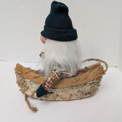 The Gnommery Christmas Gnome Fisherman In Birch Bark Canoe With Pipe And Wooden Fish