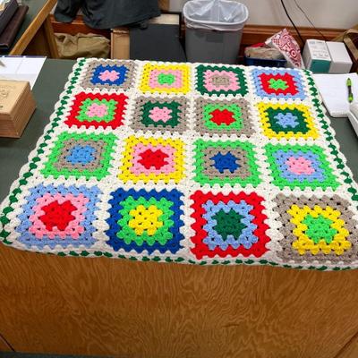 Sale Photo Thumbnail #1116: Crocheted Afghans Set Of 2
Squares 30"X40"   Yellow Border 46"x60"   Yellow Border has damage see photo