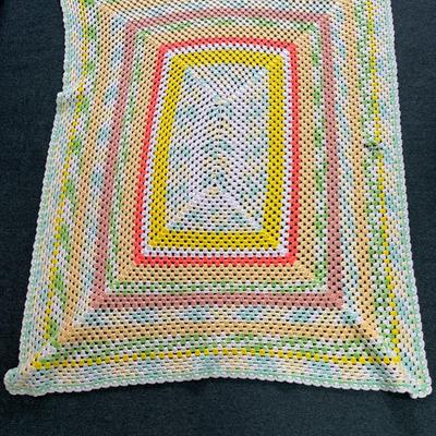 Sale Photo Thumbnail #1115: Crocheted Afghans Set Of 2
Squares 30"X40"   Yellow Border 46"x60"   Yellow Border has damage see photo