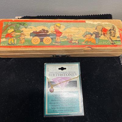 Vintage wood pencil box with birthstone necklace