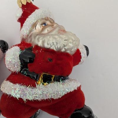 Set Of 3 Vintage Style Santa Claus Christmas Ornaments With Velvet Suits