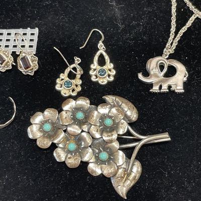 Sterling earrings and chain with brooch and elephant pendant