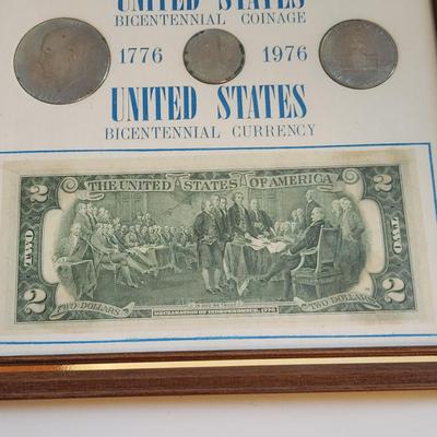 Framed United States Bicentennial Coin and Bill Tribute