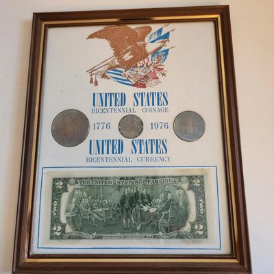 Framed United States Bicentennial Coin and Bill Tribute