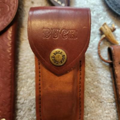 Lot of Leather Hunting Knives Sheaths and Others Edge Mark, Case XX, Buck,