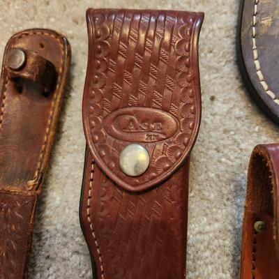 Lot of Leather Hunting Knives Sheaths and Others Edge Mark, Case XX, Buck,