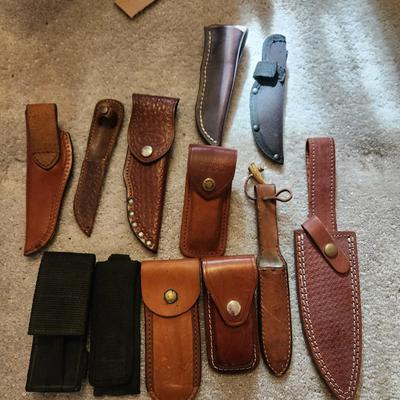 Lot of Leather Hunting Knives Sheaths and Others Edge Mark, Case XX, Buck,