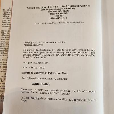 Carlos Hathcock White Feather USMC Scout Sniper , Death from Afar Chandler Both Signed