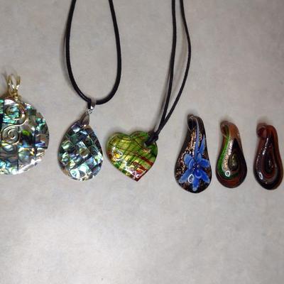 Collection of Pendants- Art Glass or Mother of Pearl Inlay- Six Pieces (#80)