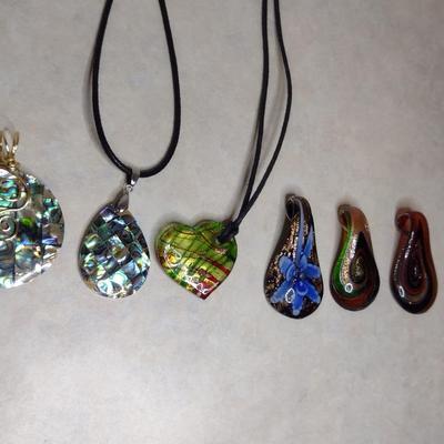 Collection of Pendants- Art Glass or Mother of Pearl Inlay- Six Pieces (#80)