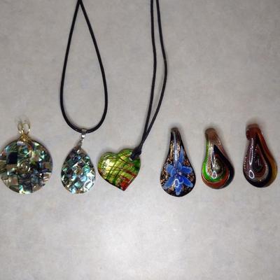 Collection of Pendants- Art Glass or Mother of Pearl Inlay- Six Pieces (#80)