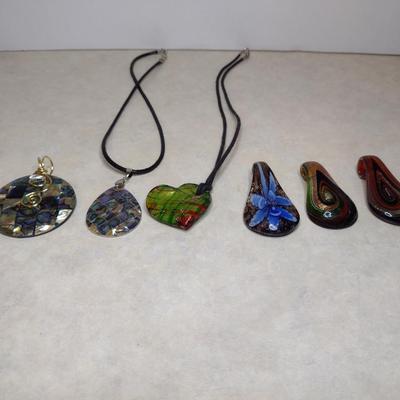 Collection of Pendants- Art Glass or Mother of Pearl Inlay- Six Pieces (#80)