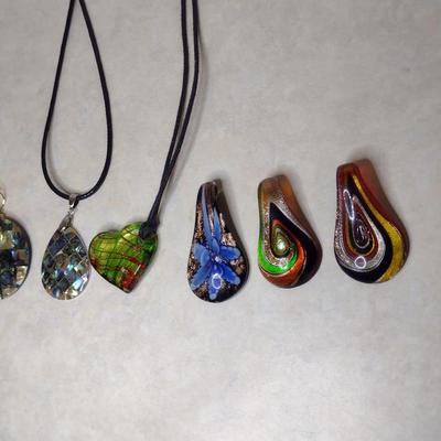 Collection of Pendants- Art Glass or Mother of Pearl Inlay- Six Pieces (#80)