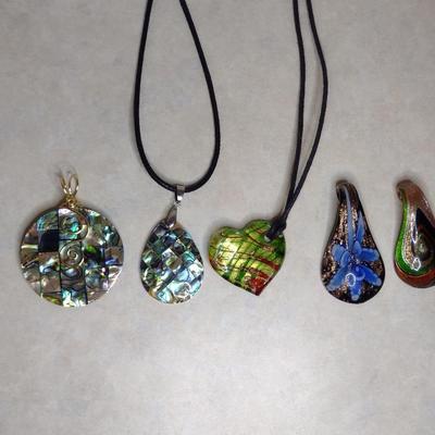 Collection of Pendants- Art Glass or Mother of Pearl Inlay- Six Pieces (#80)