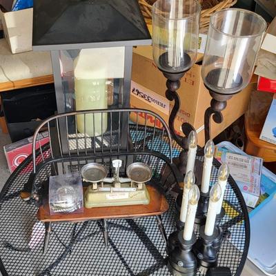 LOT 172G: Libra 1000 Balance Scale and Various Home Decor Items Featuring Small Wooden Bench and Electric Candles