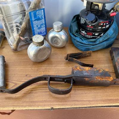 GUN CLEANING, SPARE FISHING REELS, COLEMAN FEATHER 400 SINGLE BURNER CAMP STOVE AND MORE