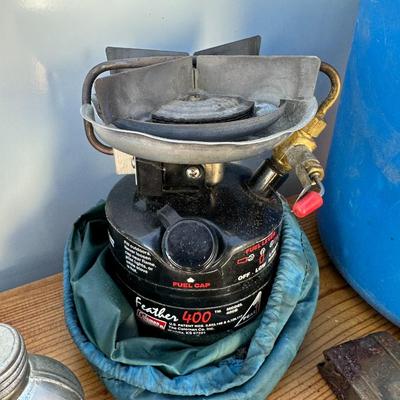 GUN CLEANING, SPARE FISHING REELS, COLEMAN FEATHER 400 SINGLE BURNER CAMP STOVE AND MORE