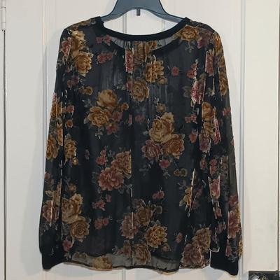 LOT 224: Vintage Caché Sheer Sleeve Corset, Ralph Lauren Floral Lace Long Sleeve Shirt & A New Day Velvet Rose on Sheer Fabric Long...