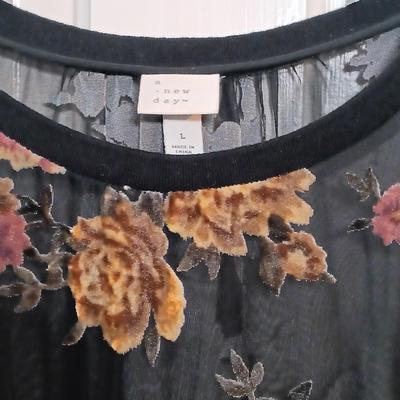 LOT 224: Vintage Caché Sheer Sleeve Corset, Ralph Lauren Floral Lace Long Sleeve Shirt & A New Day Velvet Rose on Sheer Fabric Long...