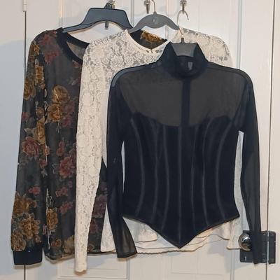 LOT 224: Vintage Caché Sheer Sleeve Corset, Ralph Lauren Floral Lace Long Sleeve Shirt & A New Day Velvet Rose on Sheer Fabric Long...