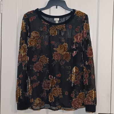 LOT 224: Vintage Caché Sheer Sleeve Corset, Ralph Lauren Floral Lace Long Sleeve Shirt & A New Day Velvet Rose on Sheer Fabric Long...