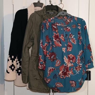 LOT 225: Kenneth Cole Reaction Army Green Jacket, Van Heusen Blouse & Knox Rose Open Front Sweater