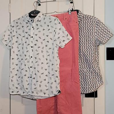 LOT 226: J. Crew Bird Pattern Button-Up, Sovereign Code Insect Button-Up & J. Crew Corduroy Pants