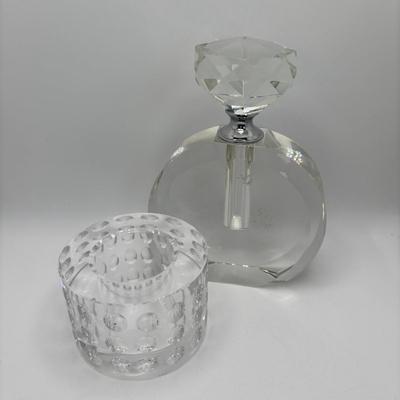 LOT 251: Signed Oleg Cassini Etched Leaf Crystal and Bubble Glass Votives with Crystal Perfume Bottle & Cobalt Blue Vase
