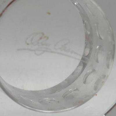 LOT 251: Signed Oleg Cassini Etched Leaf Crystal and Bubble Glass Votives with Crystal Perfume Bottle & Cobalt Blue Vase