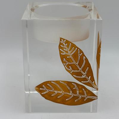 LOT 251: Signed Oleg Cassini Etched Leaf Crystal and Bubble Glass Votives with Crystal Perfume Bottle & Cobalt Blue Vase