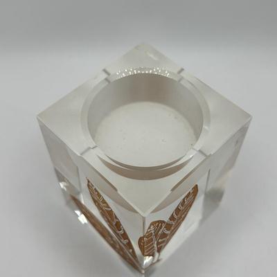 LOT 251: Signed Oleg Cassini Etched Leaf Crystal and Bubble Glass Votives with Crystal Perfume Bottle & Cobalt Blue Vase